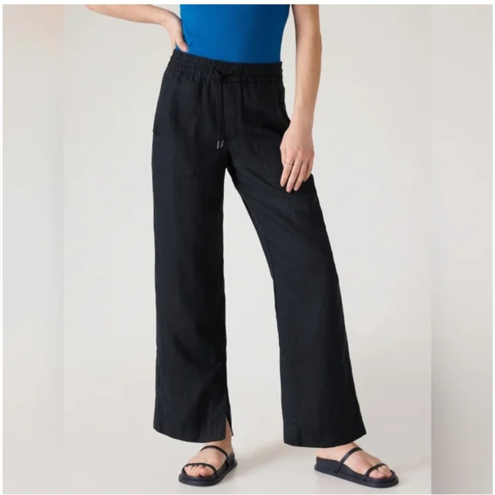 ATHLETA Retreat Linen Mid Rise Wide Leg Pants in Black Size Small